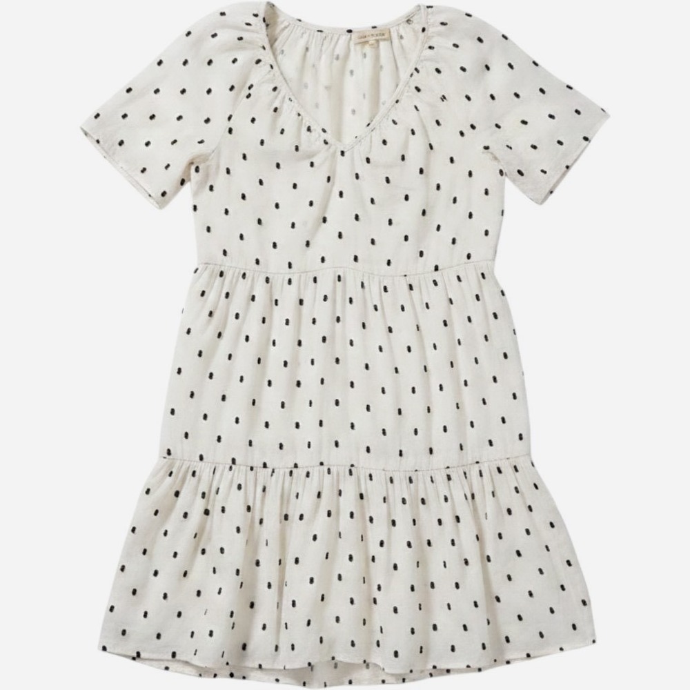 Madewell Mini Dress White Black Textured Dot Tiered V-Neck Cotton Linen - XXS